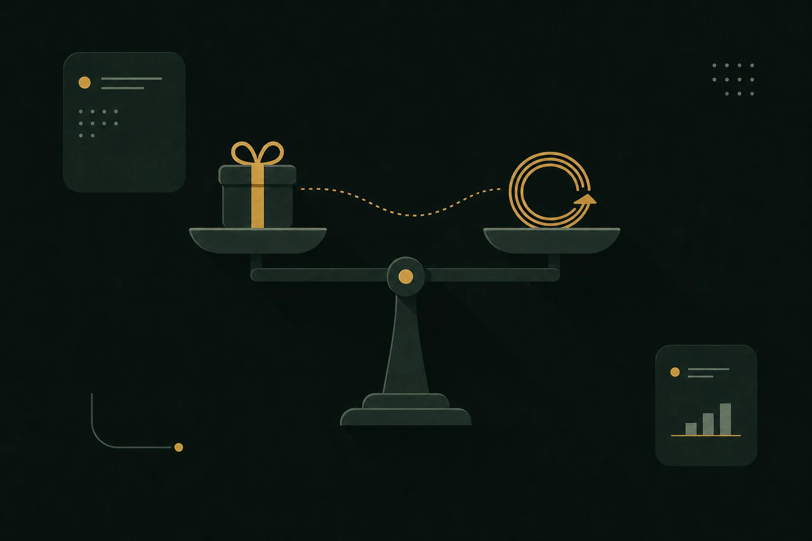 A casino bonus weighed against its wagering requirement — TK666 Guide Illustration: a balance scale holding a gift box on one pan and a looping arrow on the other